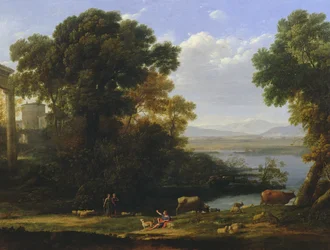 Klassische Flusslandschaft mit Blick auf eine Stadt